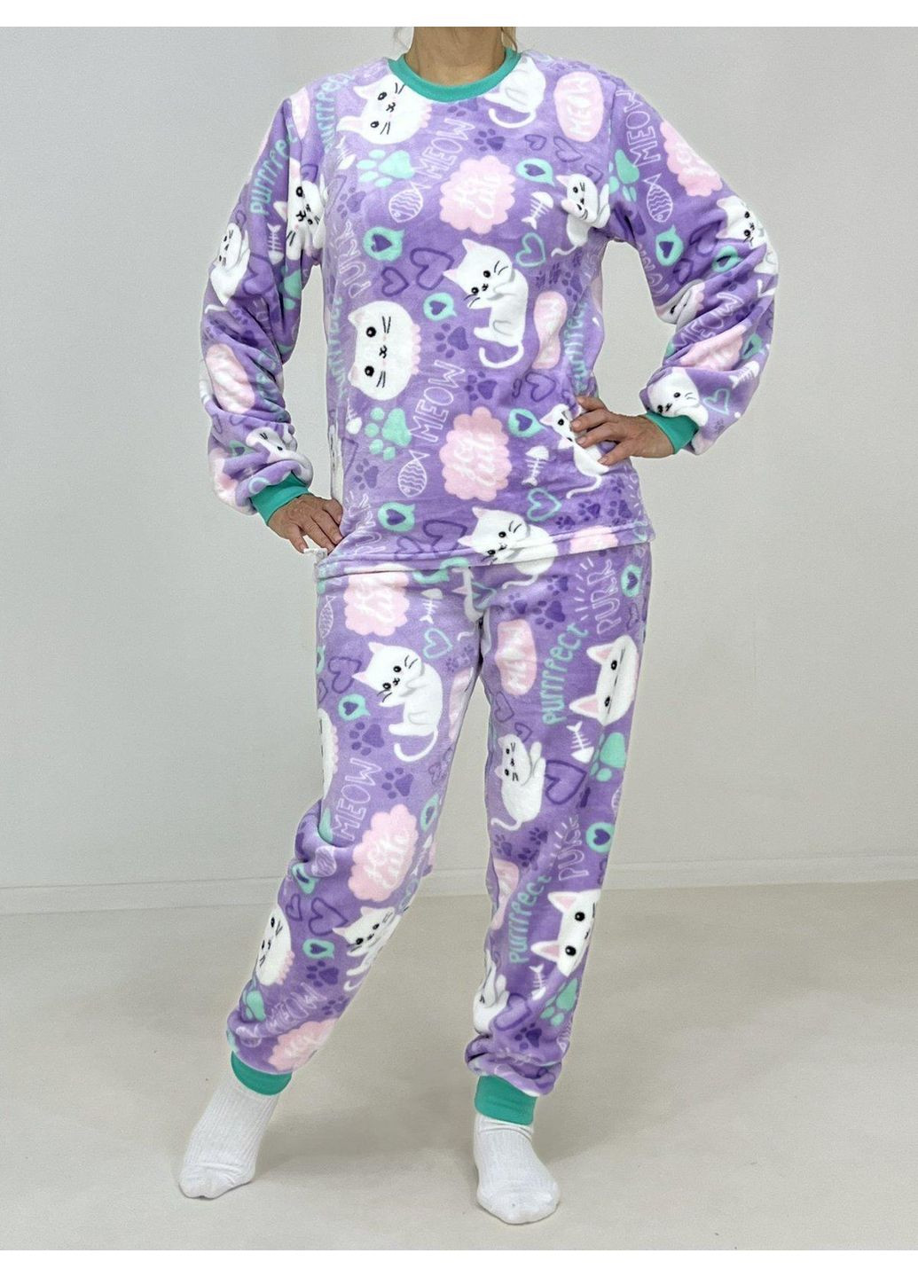 Голубая зимняя пижама женская велсофт белый кот 56 голубая 54487657-6 PARS