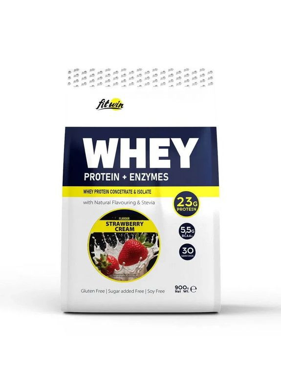 Протеїн WHEY (сироватковий протеїн + ензими) 0.9 кг 77% білка Полуничний крем FitWin (361349299)