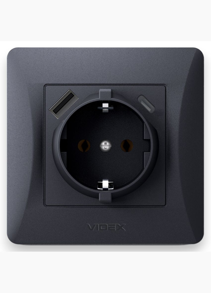 Одинарна розетка із заземленням з USB+USB-C чорний графіт BINERA VF-BNSK1GUC-BG Videx (282313030)