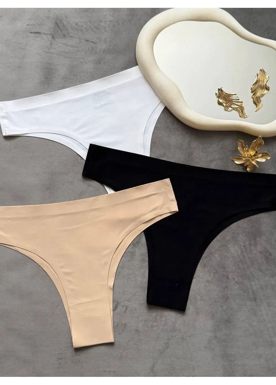 Безшовні жіночі трусики бразиліани набір трусів 3 од, для жінок на завищеній посадці, однотонні No Brand Бразиліани (366239365)
