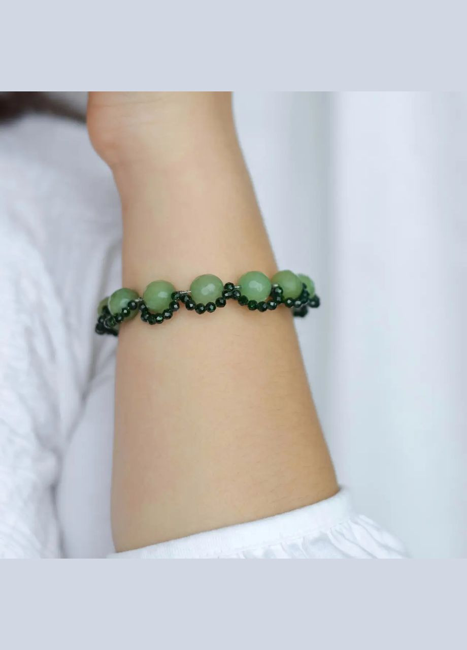 Набор Кулон+Серьги+Браслет натуральный камень Нефрит + Авантюрин зеленый d-10х3мм фур-ра нержавеющая сталь No Brand сережки+кулон+браслет (304292166)