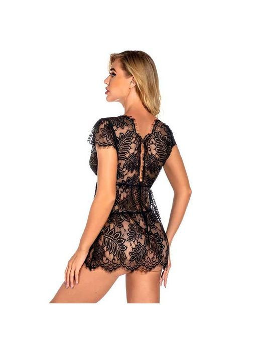 Коротенький сексі пеньюар із квітковим мереживом чорний — S/M — Еротична білизна No Brand (366891932)