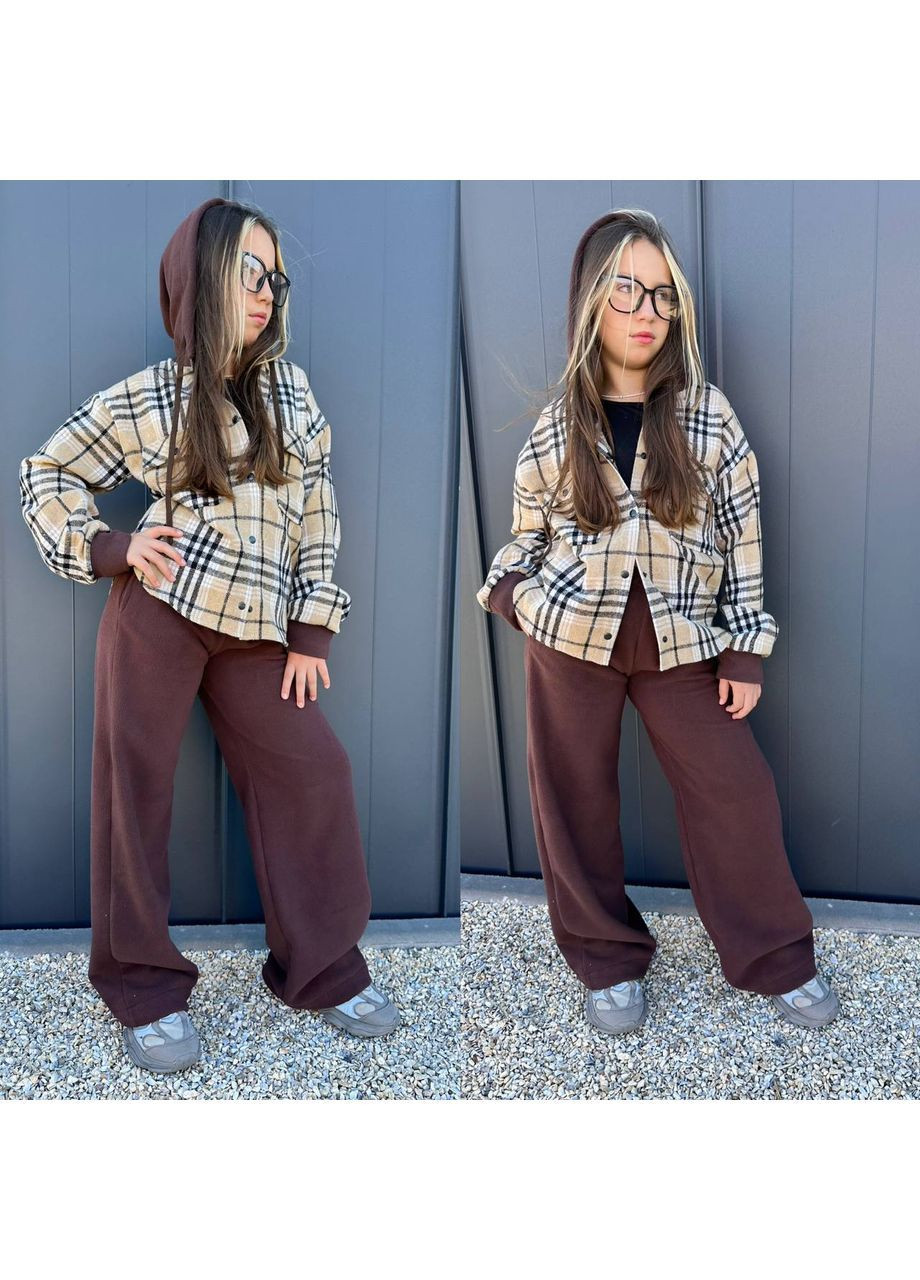 Коричневый костюм детский для девочки теплый брюки карго /палаццо и рубашка в клетку с капюшоном No Brand