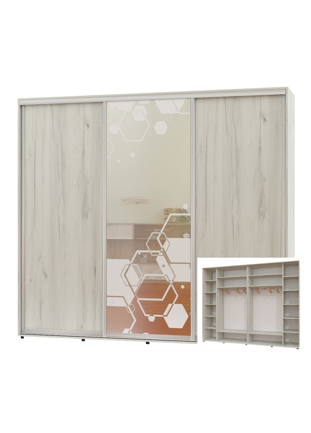 Шкаф-купе трехдверный 290*60*240 Дуб крафт белый 2 ДСП/Зеркало с пескоструйным рисунком Люкс-149 Алекса (360449973)