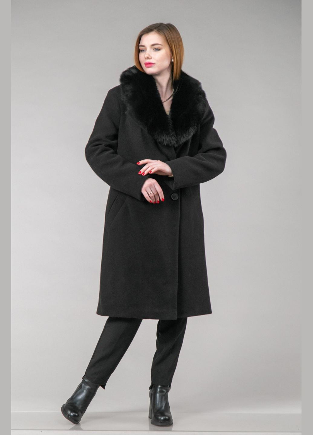 Черное зимнее Пальто из шерстяной ткани с песцом Chicly Furs