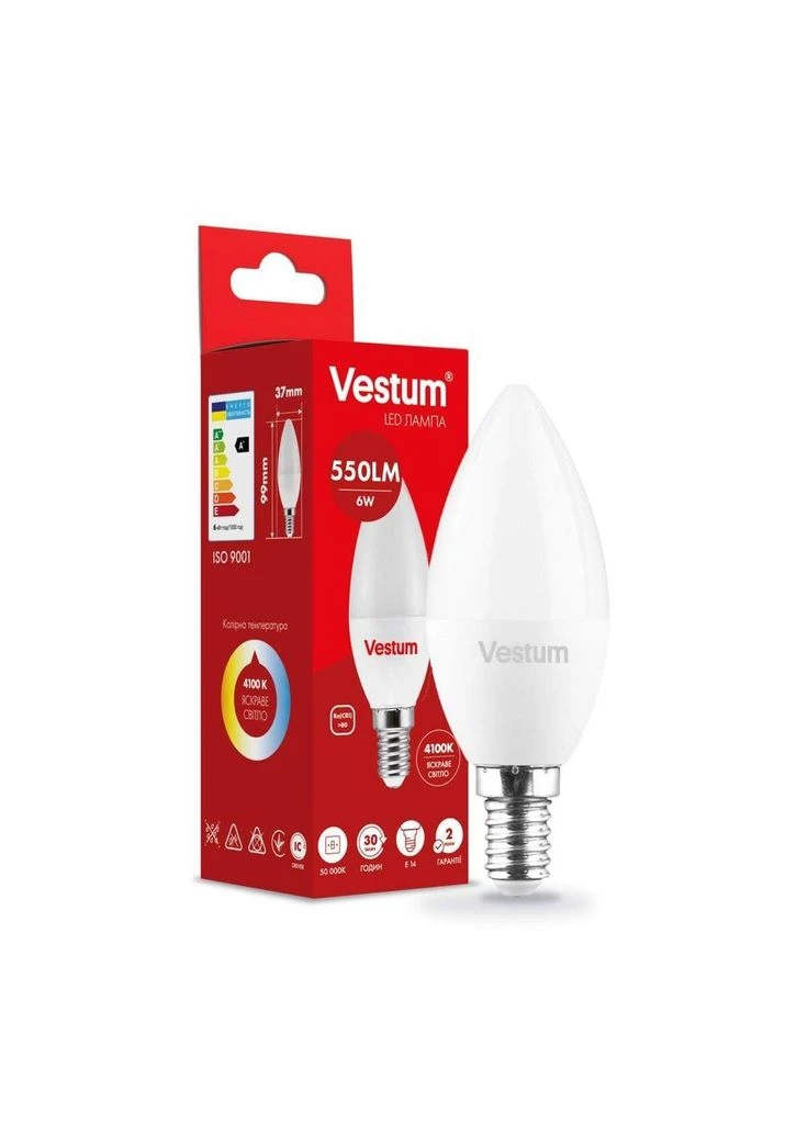 Светодиодная лампа C37 6W 4100K 220V E14 1-VS-1303 (1620184) Vestum (380523153)
