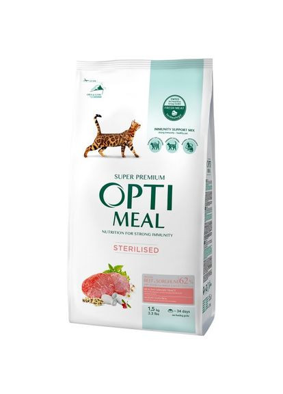 Сухой корм для стерилизованных кошек и кастрированных котов Говядина и Сорго 1,5 кг ОПТИМИЛ Optimeal (278307847)