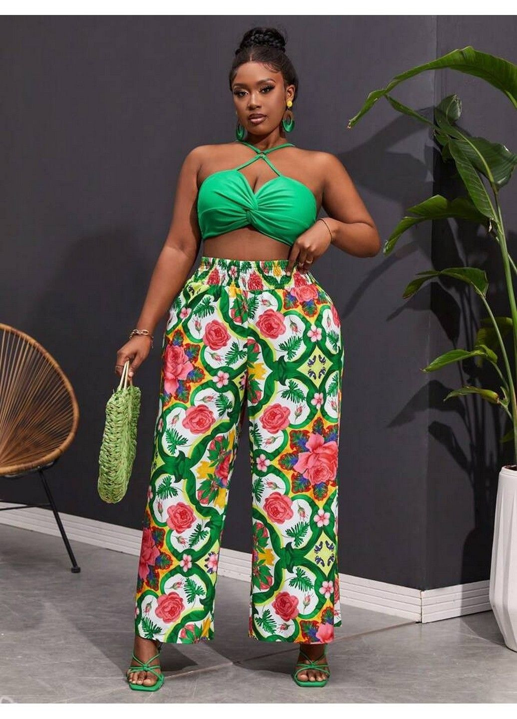 Зеленый летний комплект (брюки, топ) SHEIN