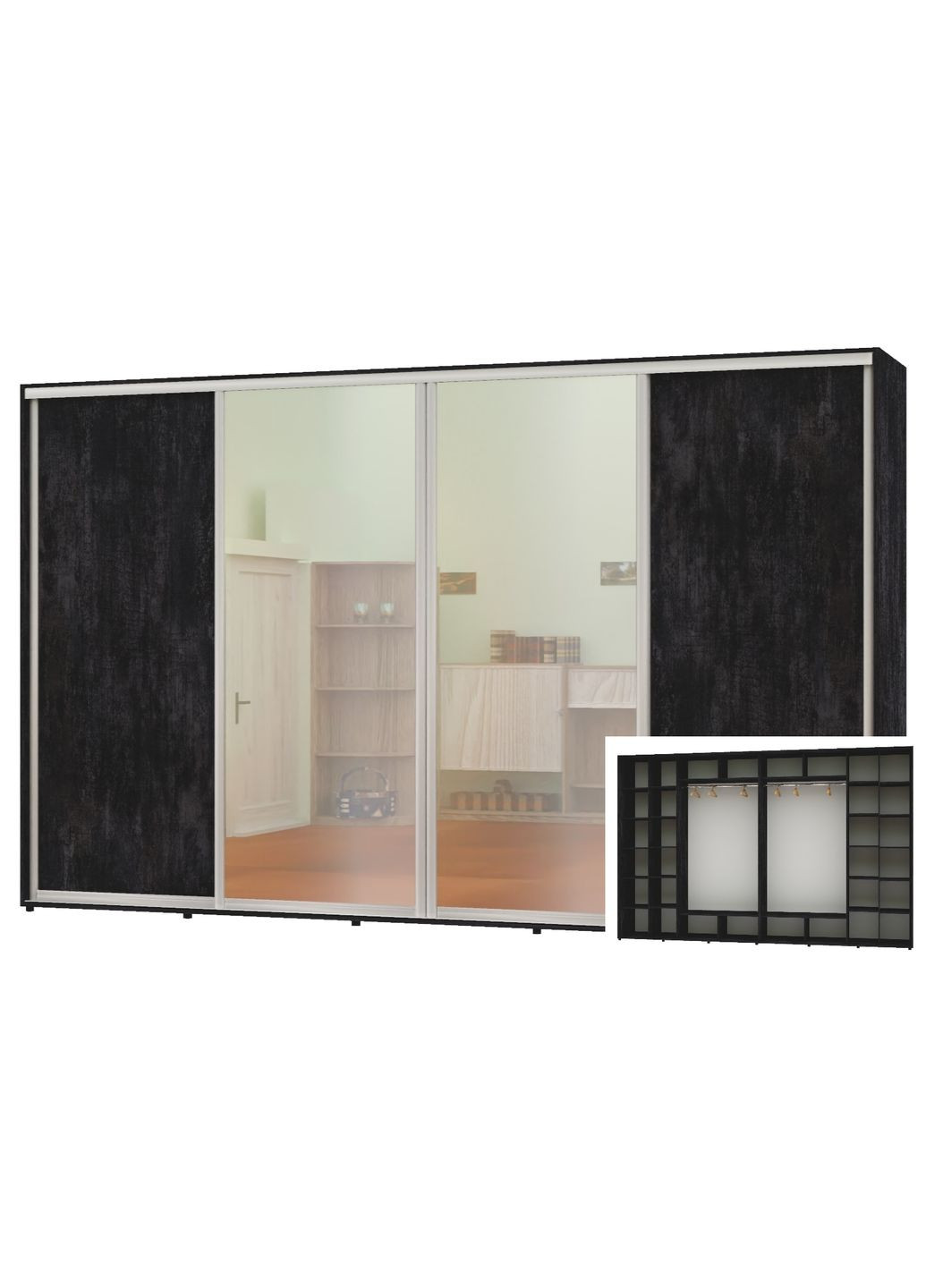 Шафа-купе чотиридверна 410*60*230 Бетон темний 2 ДСП/2 Дзеркала Алекса (360479166)