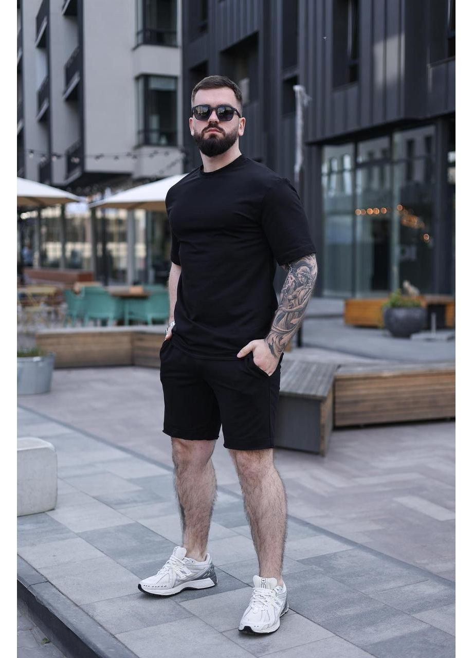 Черный летний мужской хлопковый качественный комплект на лето, шорты и футболка для тренировок отдыха с шортами Intruder