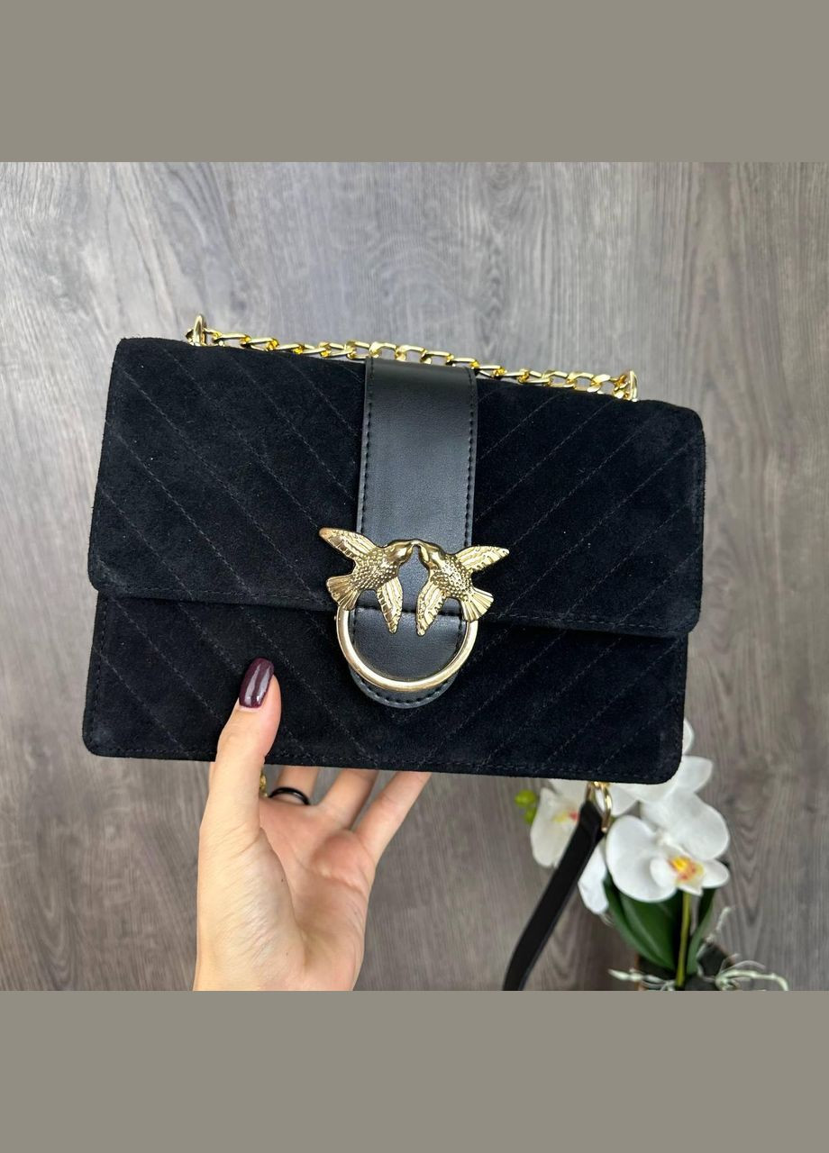Замшева стьобана сумочка клатч на плече з ланцюжком натуральна чорна замша (sku_1664) No Brand (330576640)