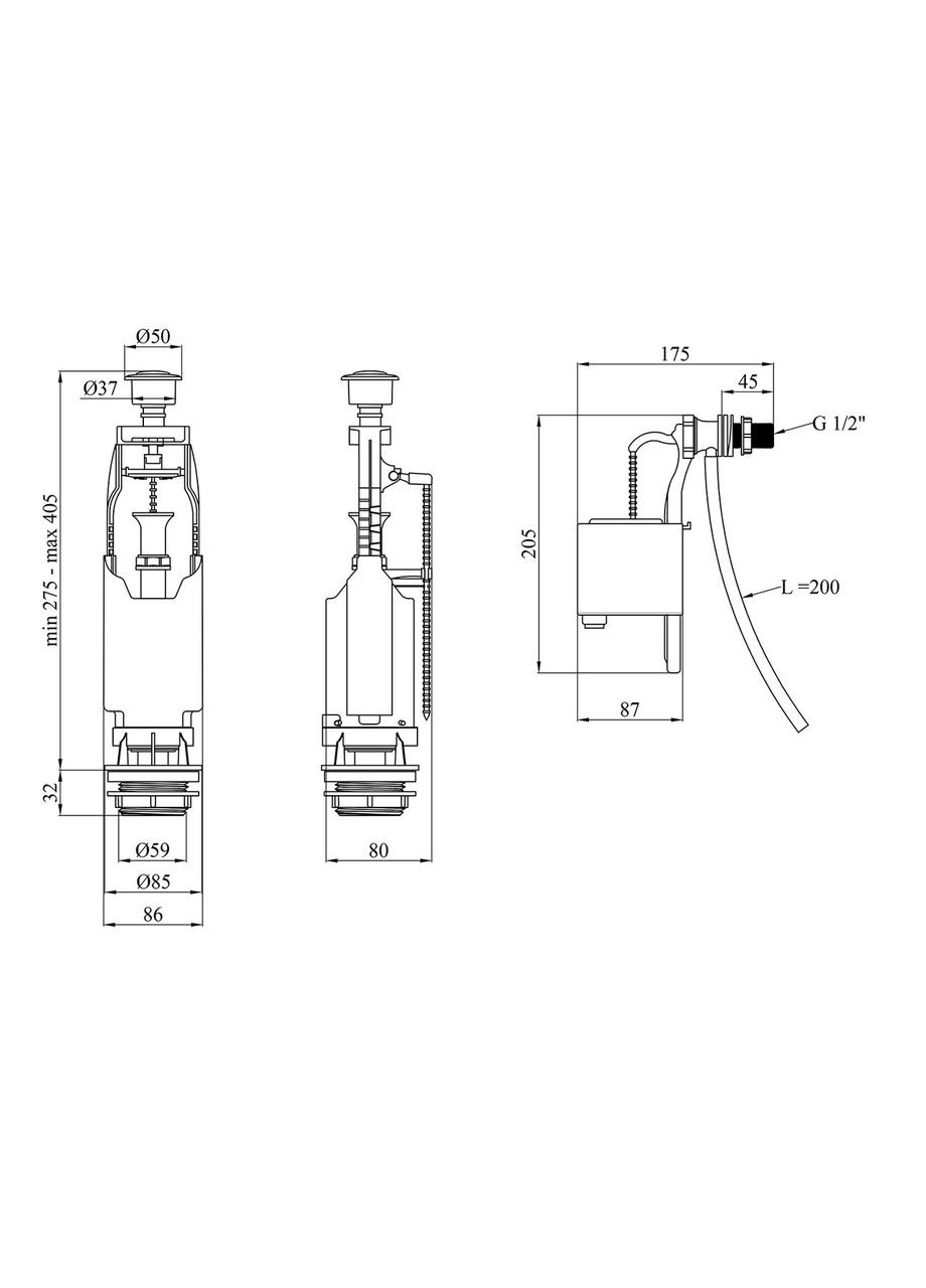 Комплект для бачка унитаза KRP - KIT6854 с одинарной кнопкой, боковой подвод 1/2" Kroner (368600459)