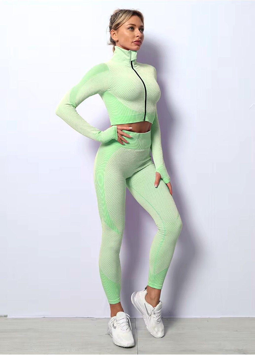 Спортивный костюм для фитнеса женский, бесшовный, комплект тройка - лосины, топ, рашгард, Euphoria, (светло-зеленый) FITCRUSH (338379737)