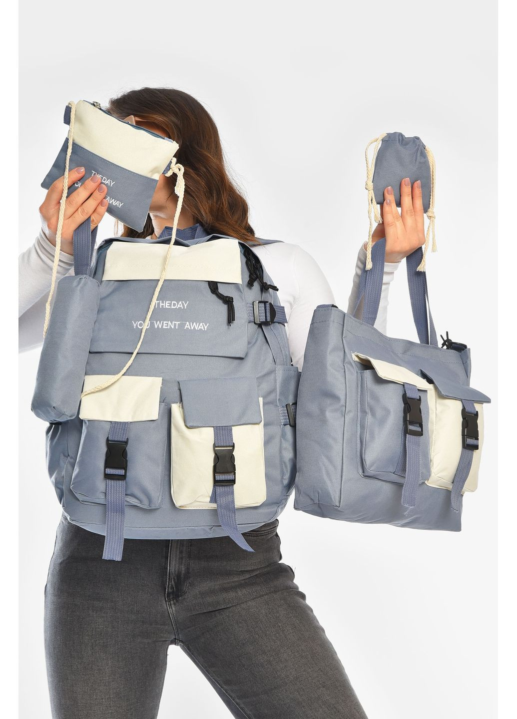 Рюкзак женский 5в1 голубого цвета с принтом Let's Shop (365726825)