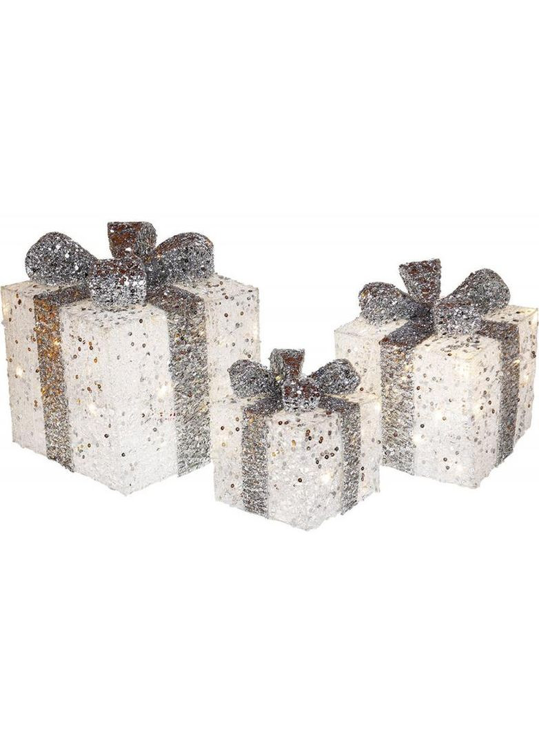 Набор декоративных подарков – 3 коробки 20см, 25см, 30см с LED-подсветкой, белый с серебряным. BonaDi (372171516)
