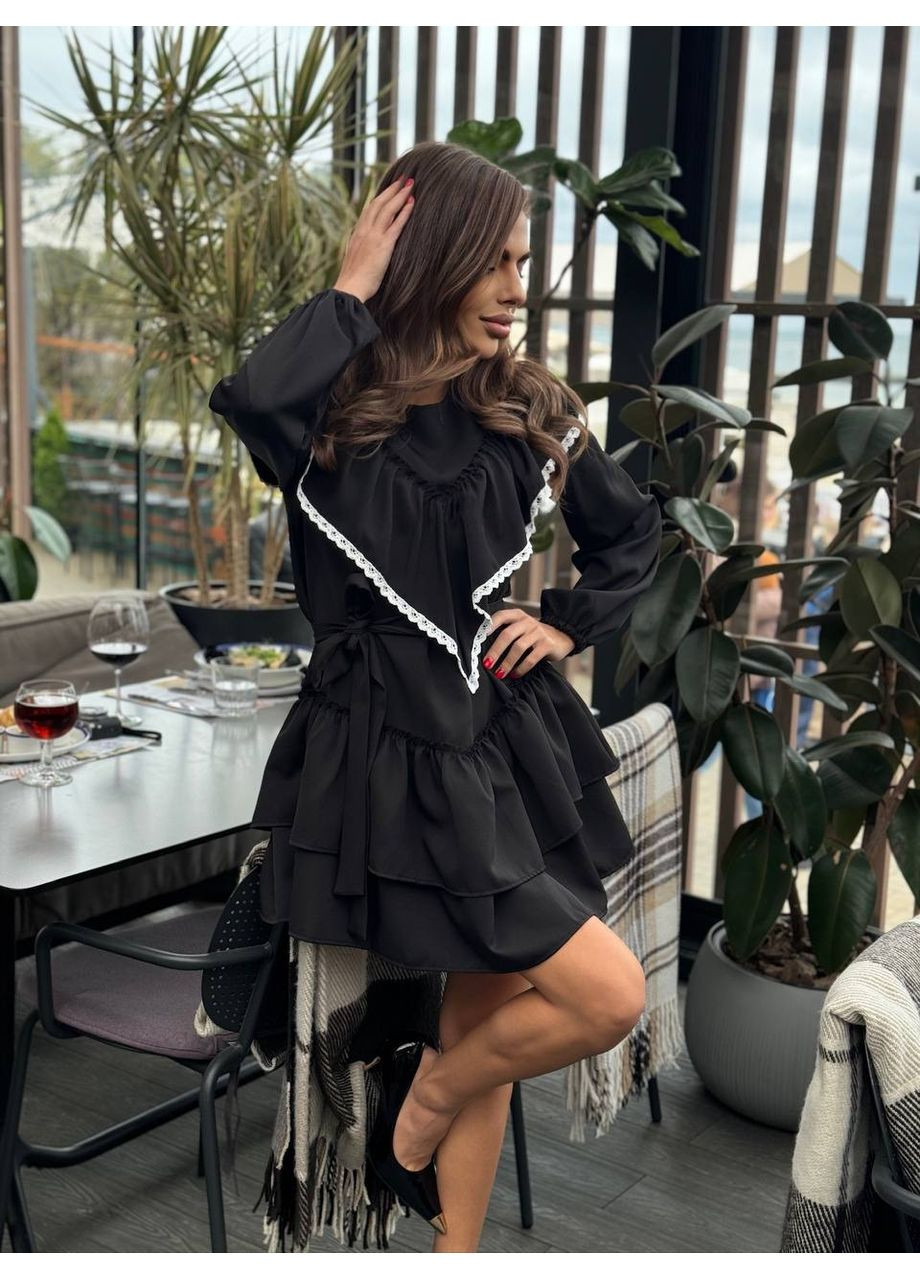 Черное праздничный женское трендовое платье с кружевной отделкой (замеры в описании) силуэтная GD/GL Модний простір однотонное