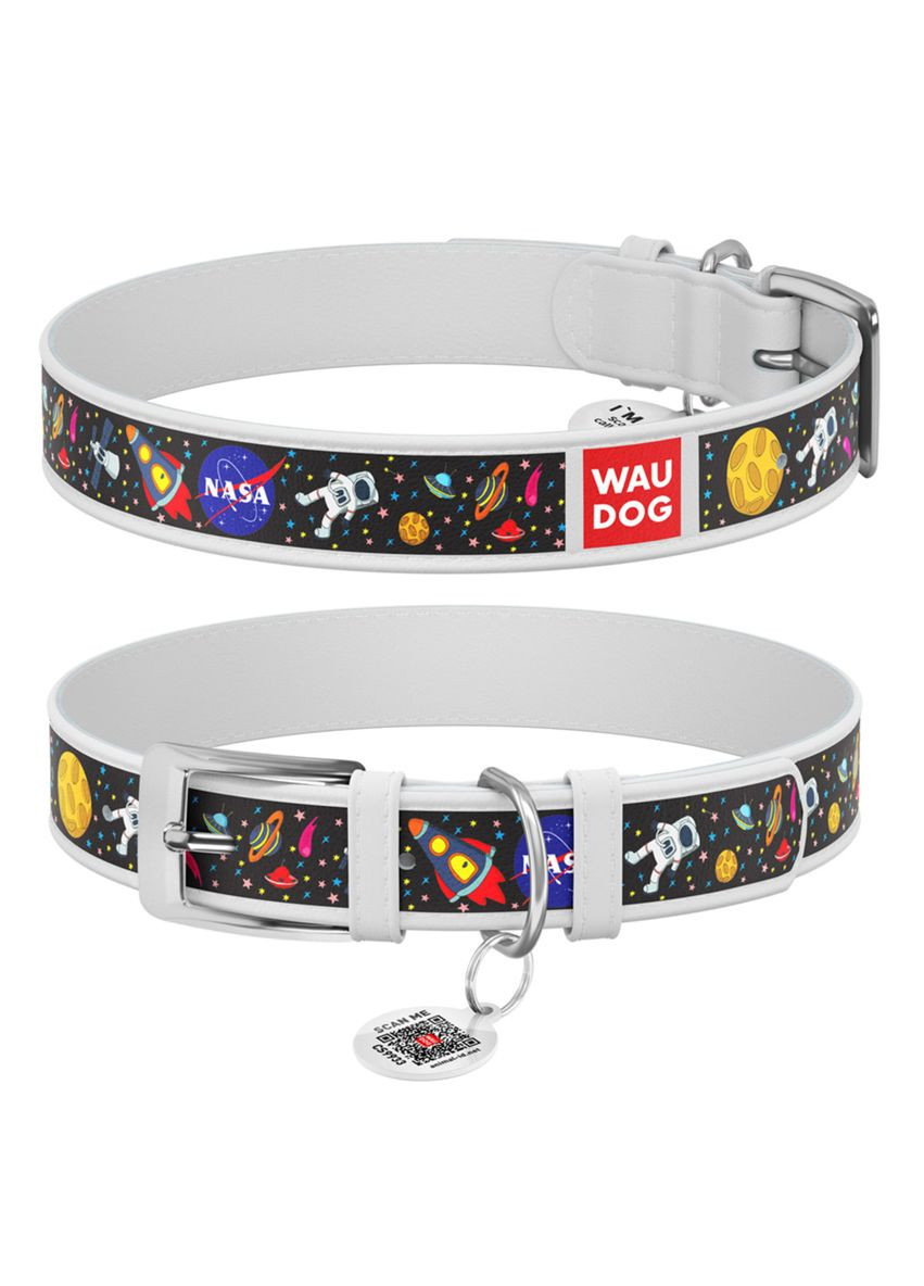 Ошейник для собак кожаный WAUDOG Design с QR паспортом, рисунок NASA L, Ш 25 мм, Дл 38-49 см белый Collar (321970405)