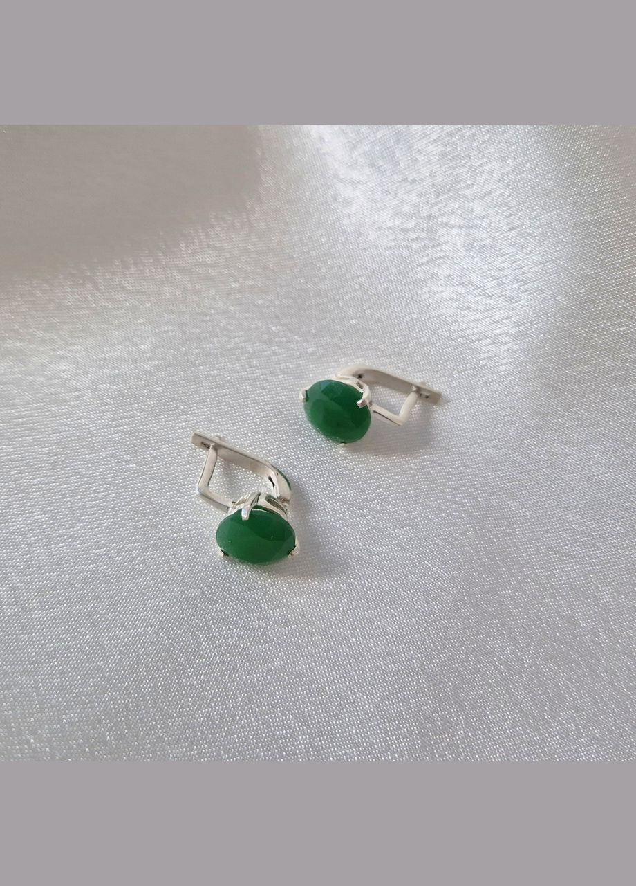 Серебряные серьги серёжки Круг с большим Зеленым камнем имит. Хризопраз серебро 925 пробы 2455хриз 3.40г No Brand (332996828)