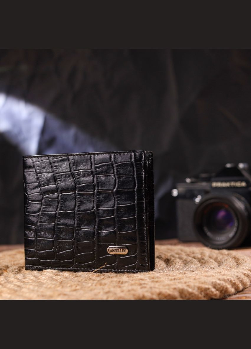 Кошелек мужской кожаный в два сложения с тиснением под крокодила 21582 Черный Canpellini (306881608)
