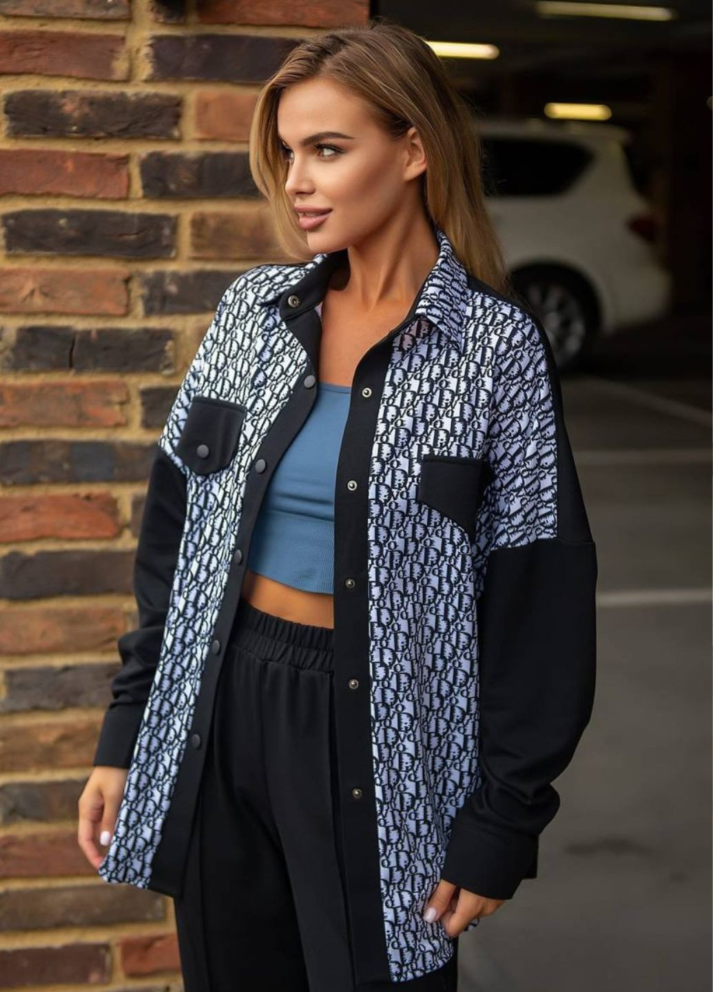 Черно-белая повседневный рубашка с надписями Tik-Tak с длинным рукавом