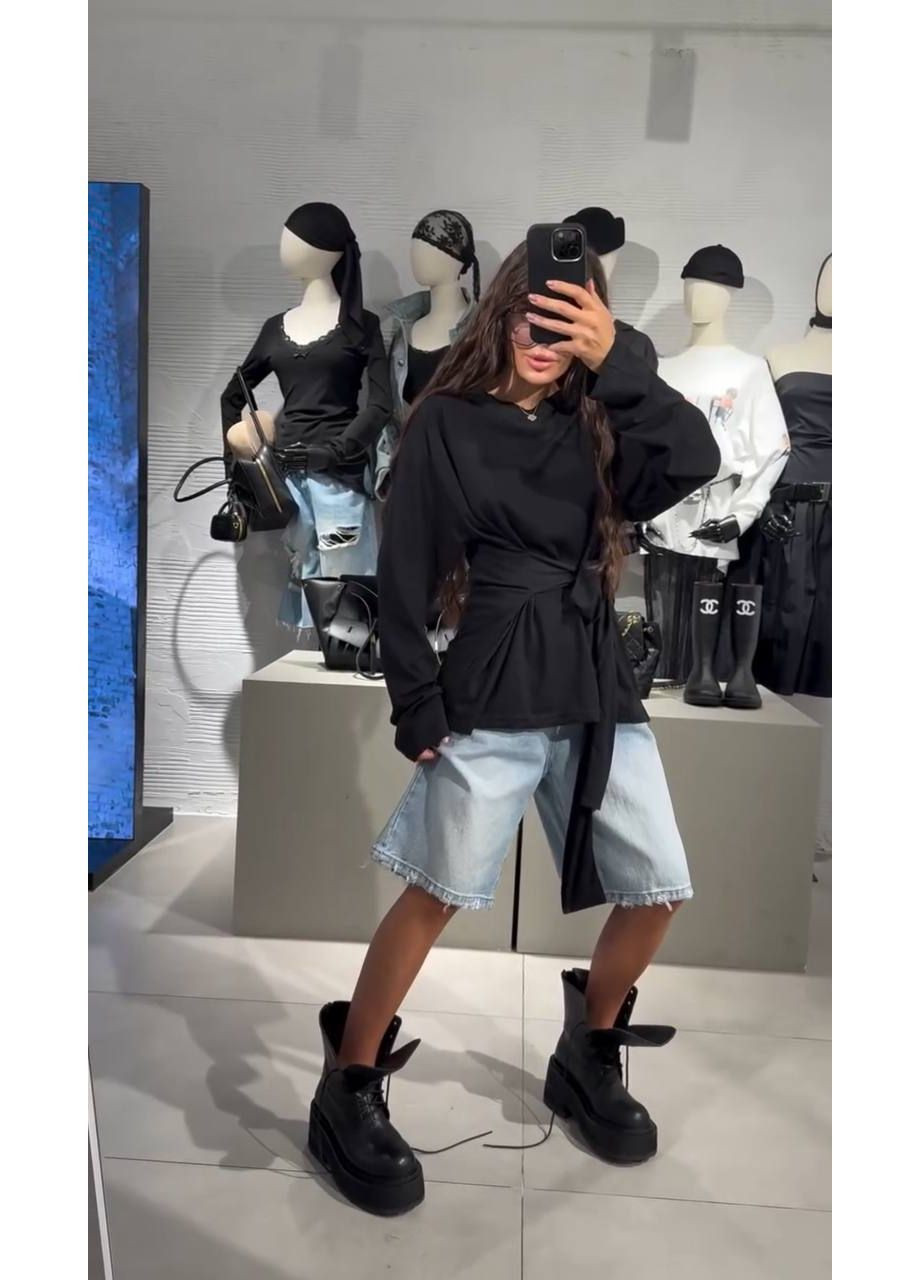 Чорний світшот жіночий Гермес однотонний зав'язки (369381679)