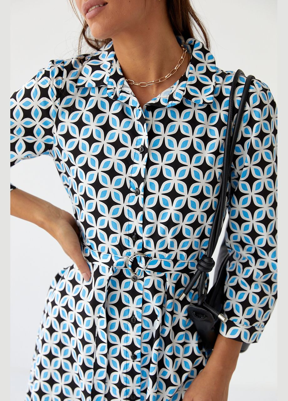 Синя ділова сукня міді на гудзиках під поясок hot fashion - зелений колір, s (sku_232142) No Brand з абстрактним візерунком