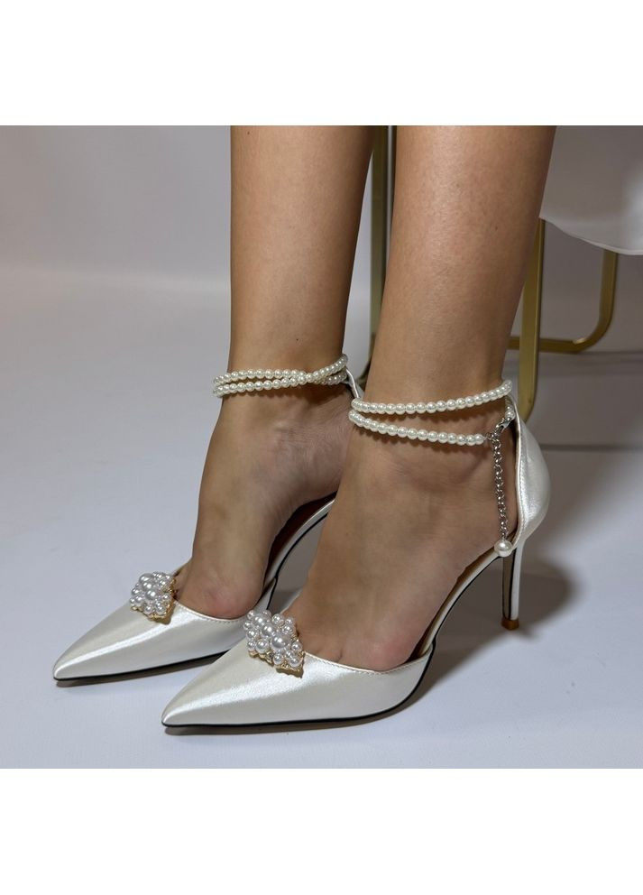 No Brand Женские туфли свадебные атласные и ремешком жемчуг и брошью 9 см белый з текстиль, — (351394625)