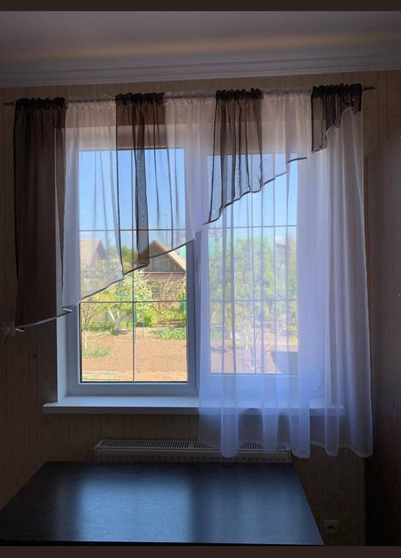 Готовый асимметричный тюль, короткий тюль, гардина на маленькое окно на кухню, гостиную, спальню, детскую. Цвет белый, коричневый Hanna (316680155)