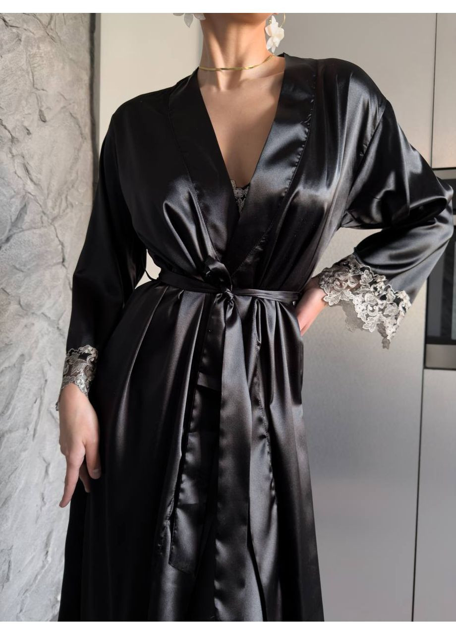 Черный демисезонный роскошный комплект из ночной рубашки и халата Vakko