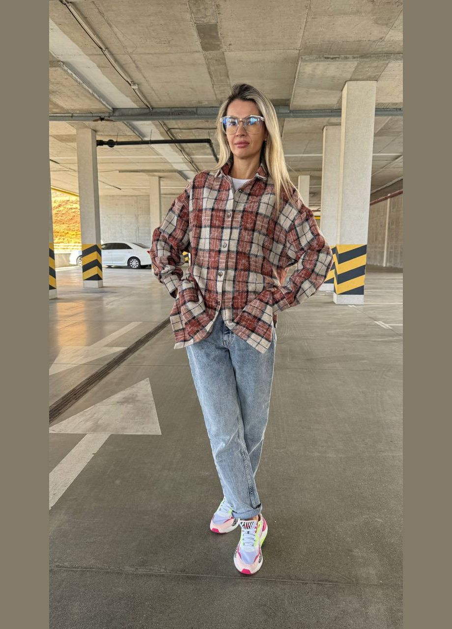 Бежевая спортивная, домашний, повседневный, кэжуал, джинсовая рубашка в клетку No Brand с длинным рукавом