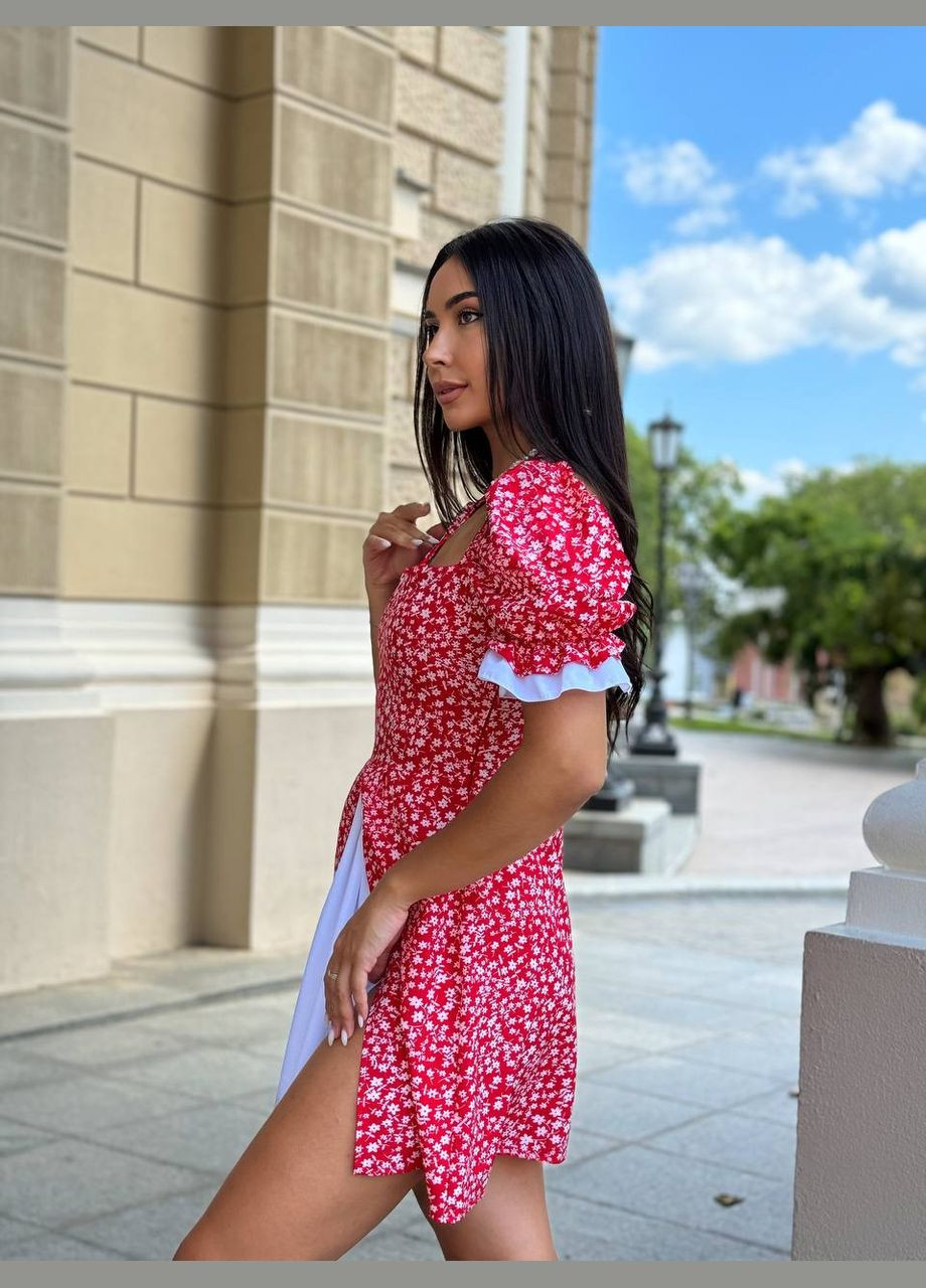 Красное повседневный женское платье мини с разрезом в цветочный принт а-силуэт Україна с цветочным принтом