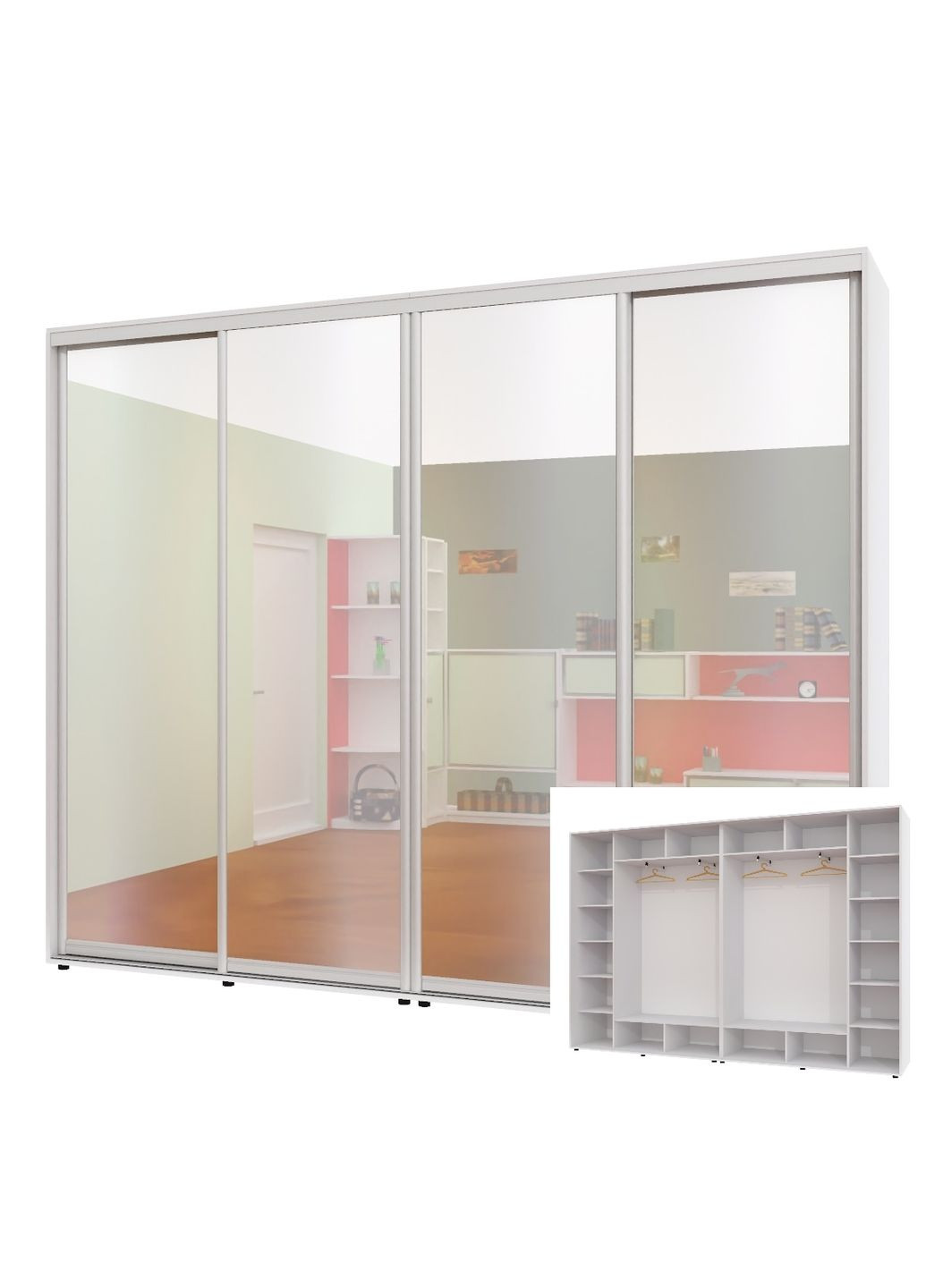 Шафа-купе чотиридверна 300*45*230 см Білий 4 двері Дзеркало ШК-02 Алекса (360440420)