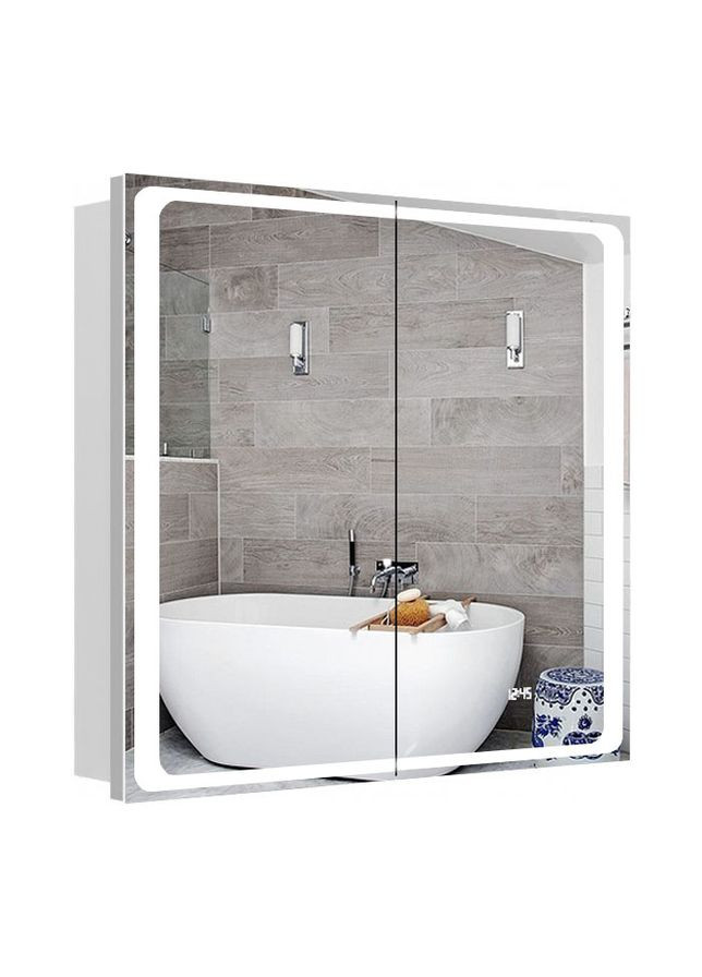 Дзеркальна шафа Alfa 85 з LED-підсвічуванням, годинником та підігрівом біла ХАСТ (315724907)