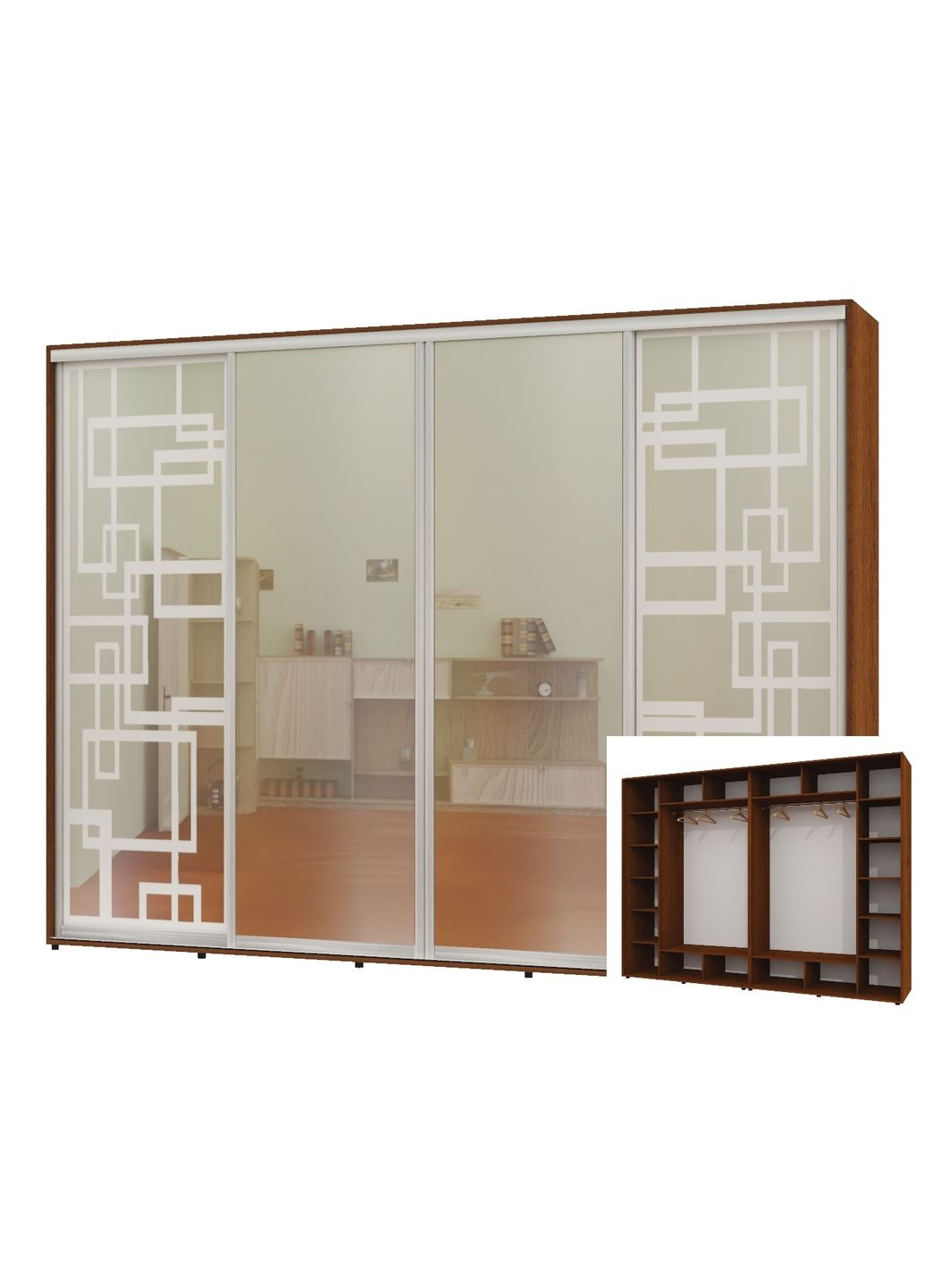 Шафа-купе чотиридверна 290*60*220 Горіх лісовий 2 Дзеркала з піскострумним малюнком/2 Дзеркала Алекса (360471279)