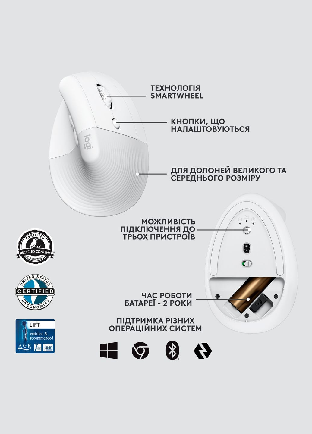 Миша Logitech lift vertical ergonomic wireless/bluetooth for bus (268145249)