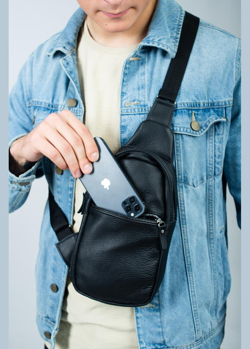 Мужская сумка-слинг из натуральной кожи, сумка через плечо SL016 (Черная) SKILL (324216474)