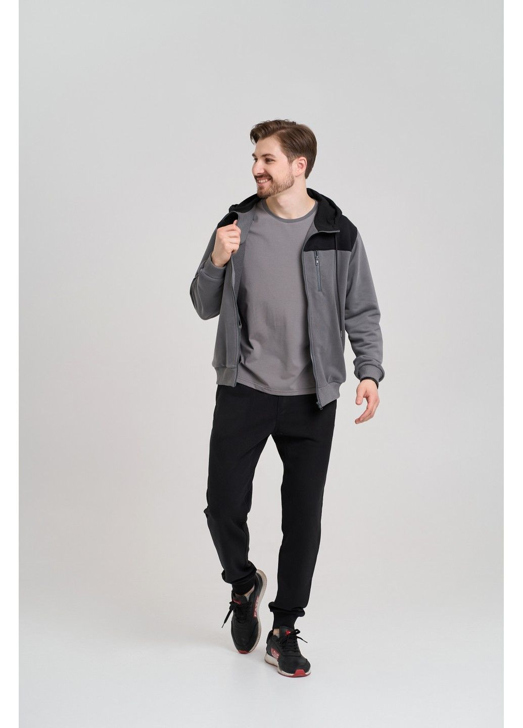 Спортивный костюм мужской ТРОЙКА весна осень HW CLUB с кофтой на замке + футболка серый черный Handy Wear (293275160)