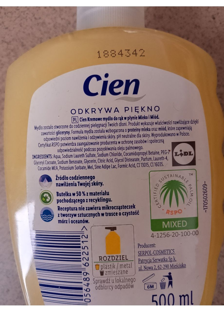 Рідке крем-мило для рук 500мл. молоко і мед Cien (356671688)