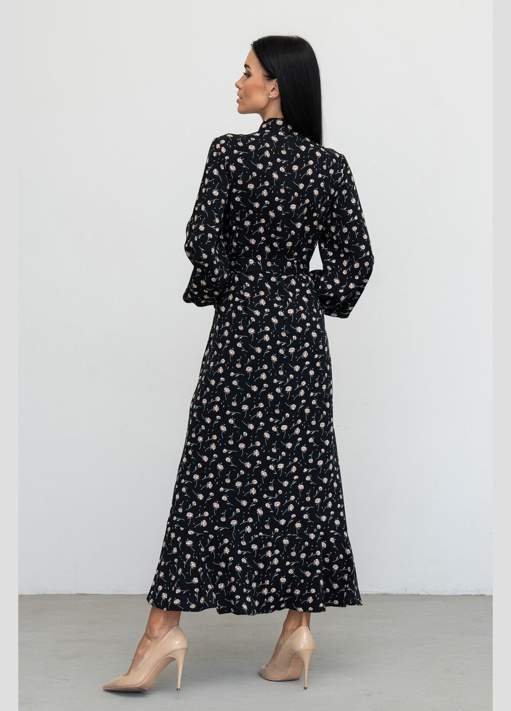 Черное повседневный длинное женское платье а-силуэта из штапеля с длинным рукавом (ск 1924) RiMari