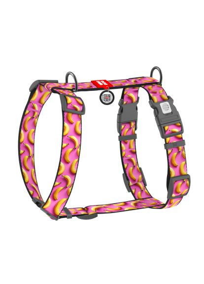 Шлей для собак Nylon анатомическая H-образная с QR-паспортом "Бананы на розовом" пластиковый фастекс, XL (347-4055) WAUDOG Nylon анатомічна H-подібна з QR-паспортом "Банани (366735690)