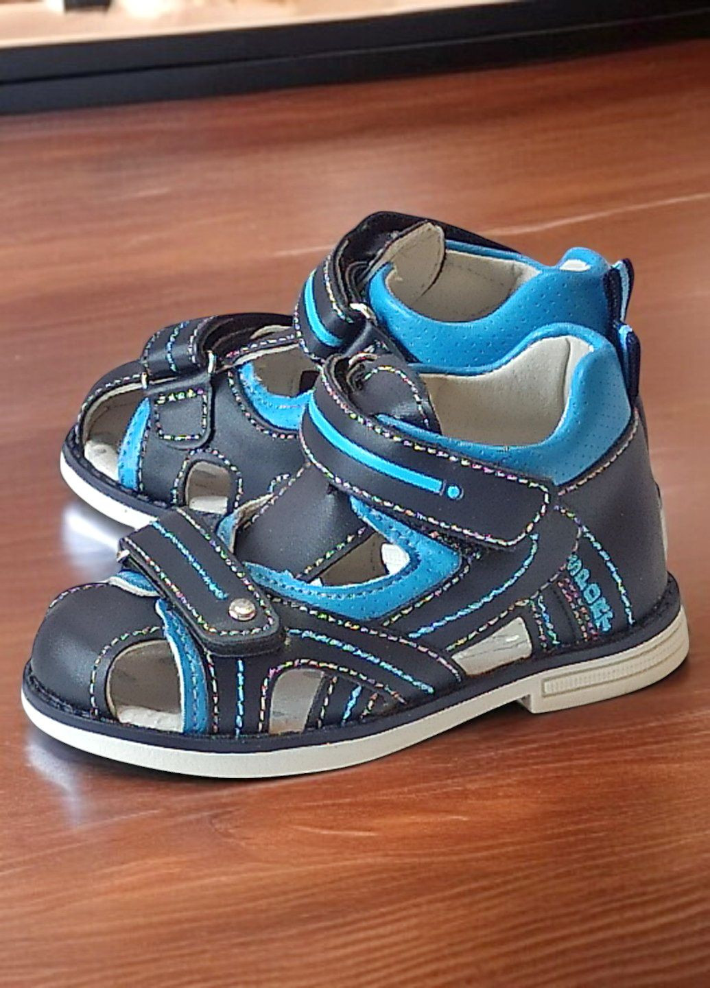 Синие повседневные закрытые ортопедические босоножки сандалии на липучках для мальчика Clibee на липучке