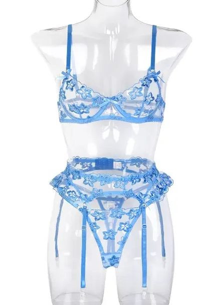 Блакитний демісезонний мереживна білизна жіноча спідня з поясом із підтяжок. мереживний комплект спідньой білизни прозорий єротичний China