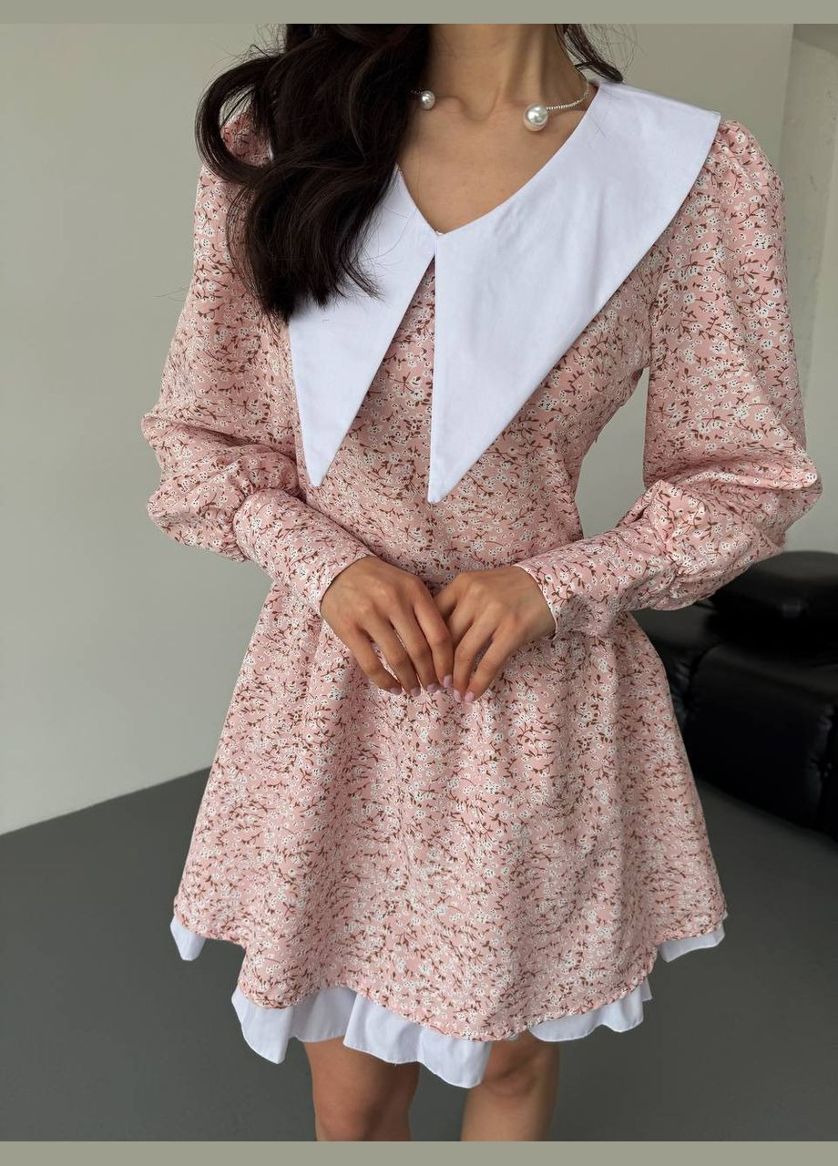 Пудровое повседневный платье мини с отложным воротником и объемными рукавами клеш MonCher с цветочным принтом