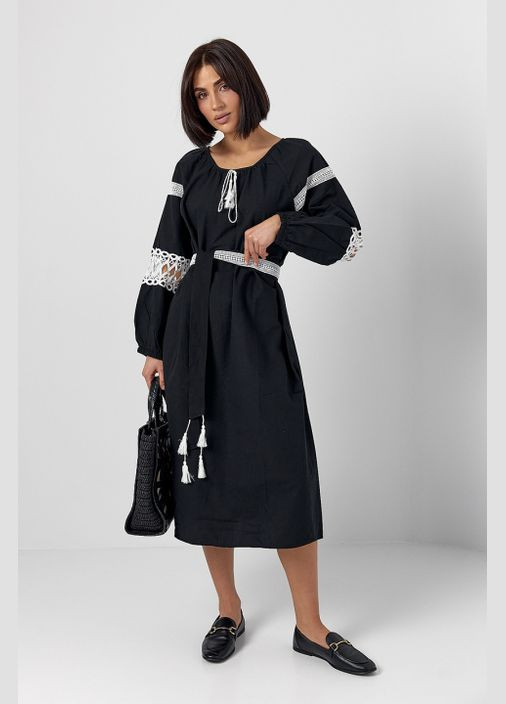 Чёрная женское хлопковое платье вышиванка с кружевом черное с белым You Best (334101202)