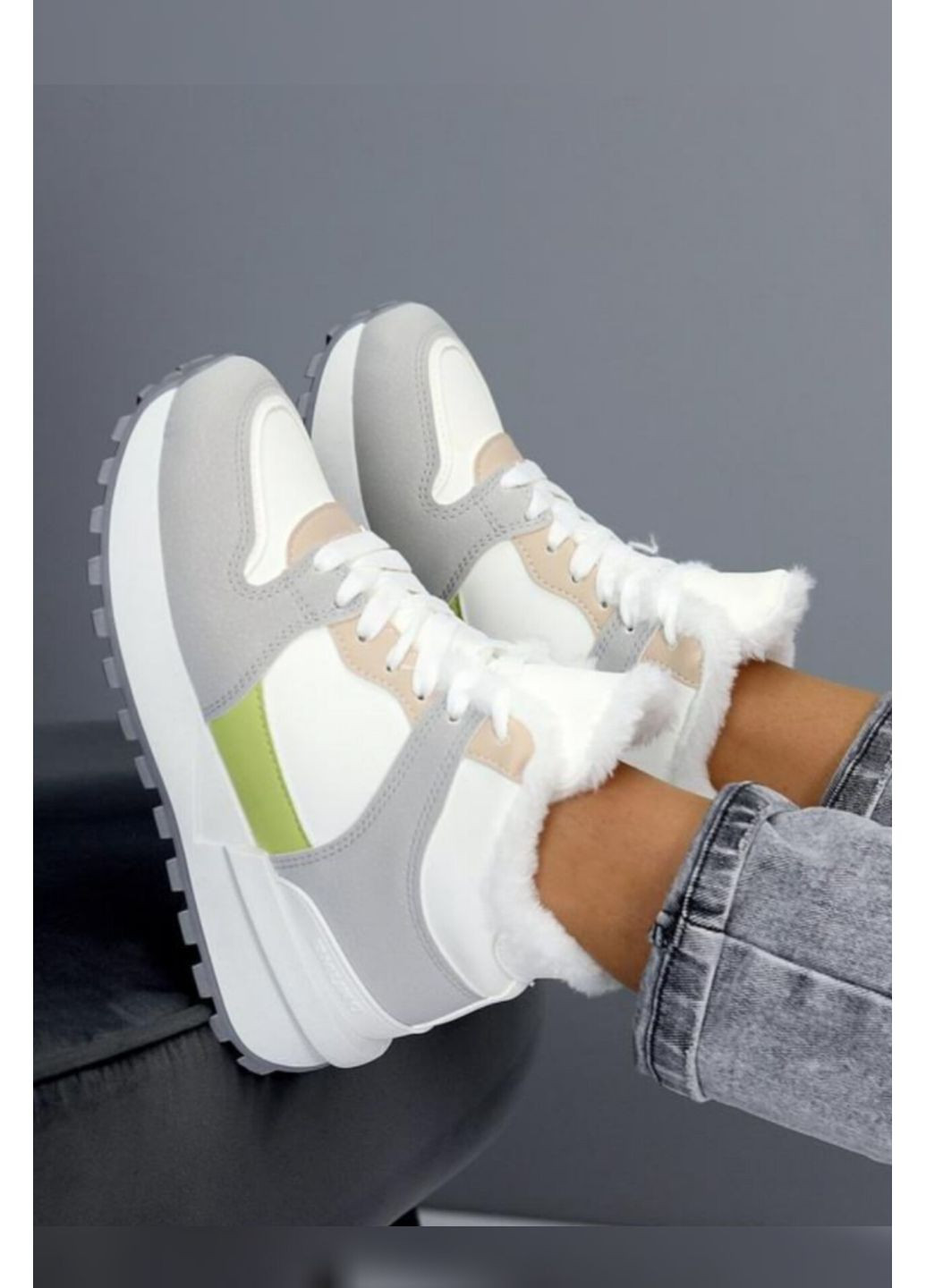 Жіночі зимові високі кросівки-хайтопи на хутрі з біло-сірим дизайном Jiao Li Mei Хайтопи білі зими (355889297)