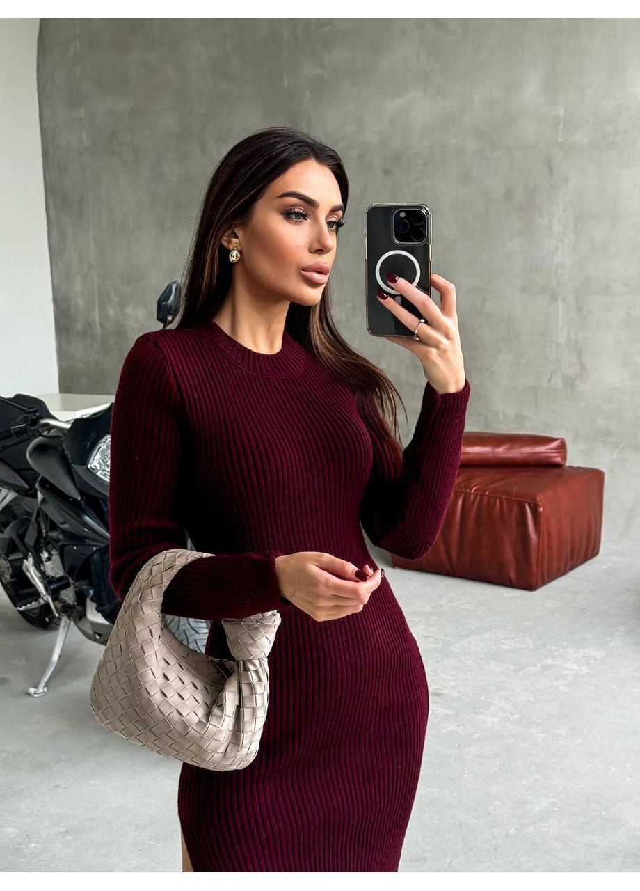 Бордовое платье в длине меди вязаное акрил+шерсть,длинные рукава,разрез Україна