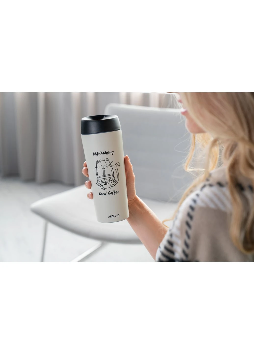 Термокружка Coffee Time Meowning 450 мл Бежевая Ardesto AR2645WC (380874613)