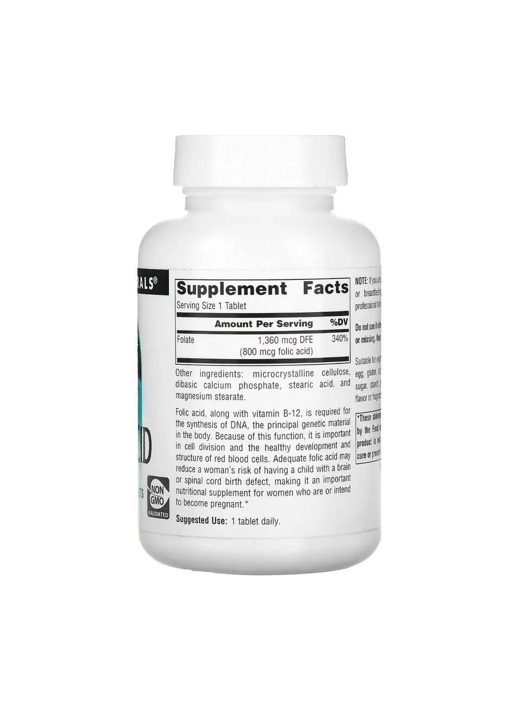 Фолієва кислота 800 мкг для вагітних 200 таблеток вітамін B9 Source Naturals (367956485)