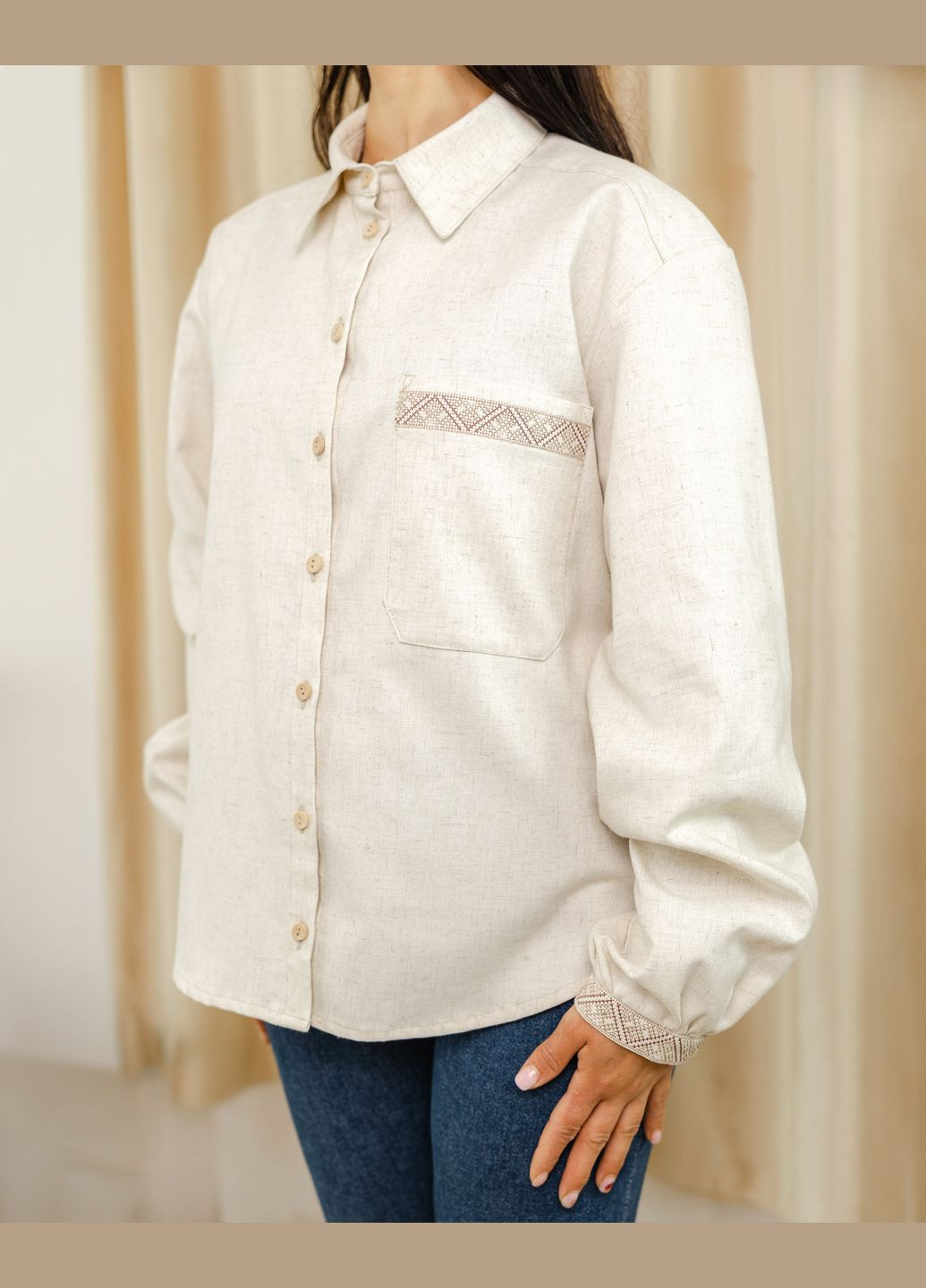 Бежева сорочка вишита жіноча лляна яворина візерунок орнамент вільна віскоза, льон (334001051)