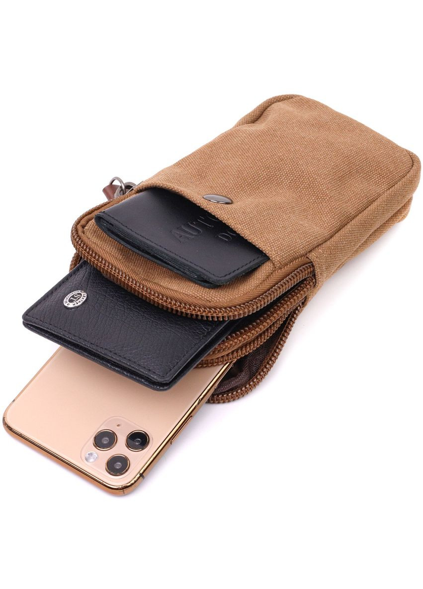 Добротна сумка-чохол на пояс із металевим карабіном із текстилю 22225 Коричневий Vintage (329150047)